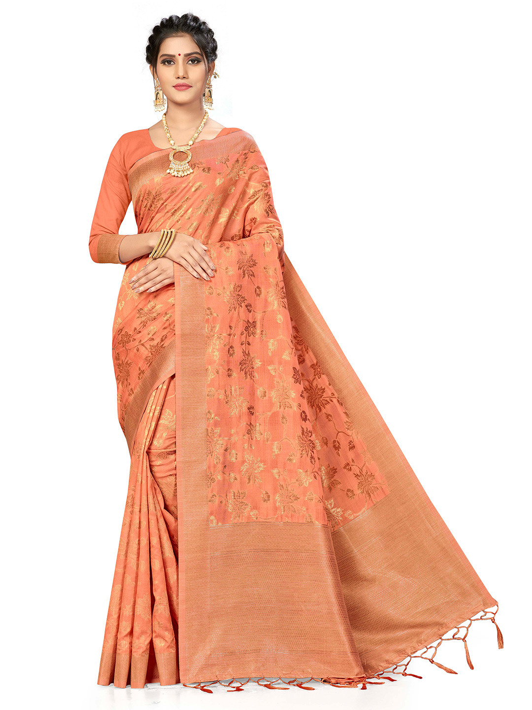 

MANVAA Ethnic Motifs Woven Design Zari Banarasi Saree, Peach
