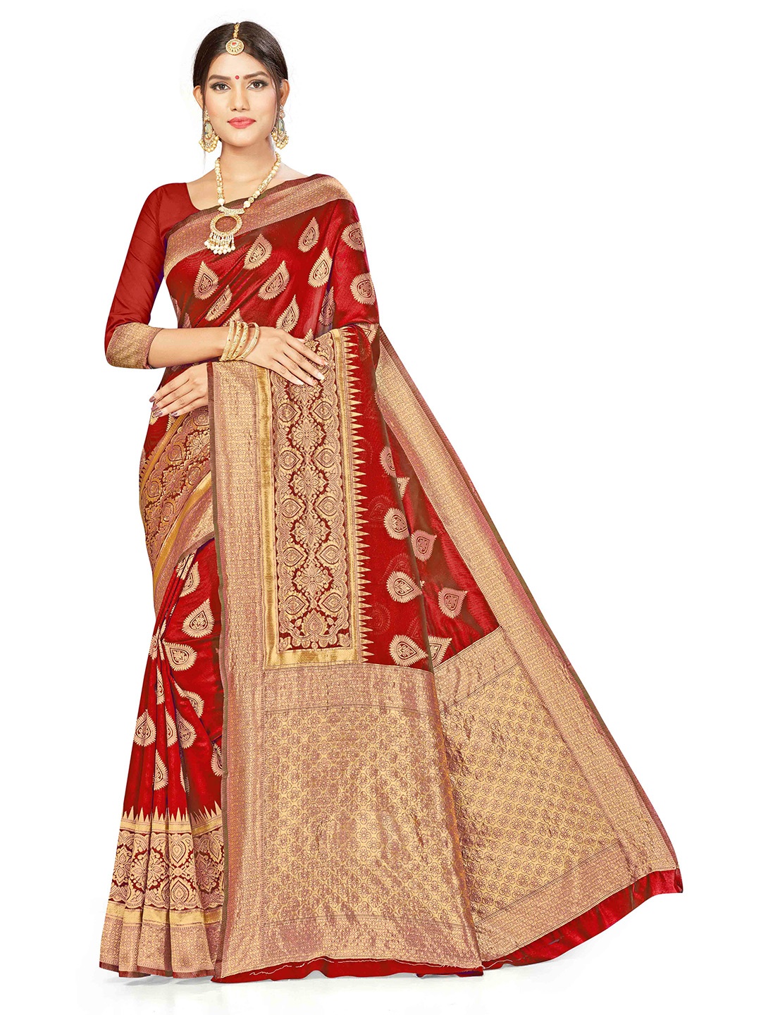 

MANVAA Woven Design Zari Banarasi Saree, Red