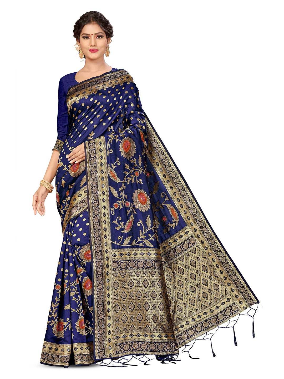 

MANVAA Ethnic Motifs Zar Banarasi Saree, Navy blue