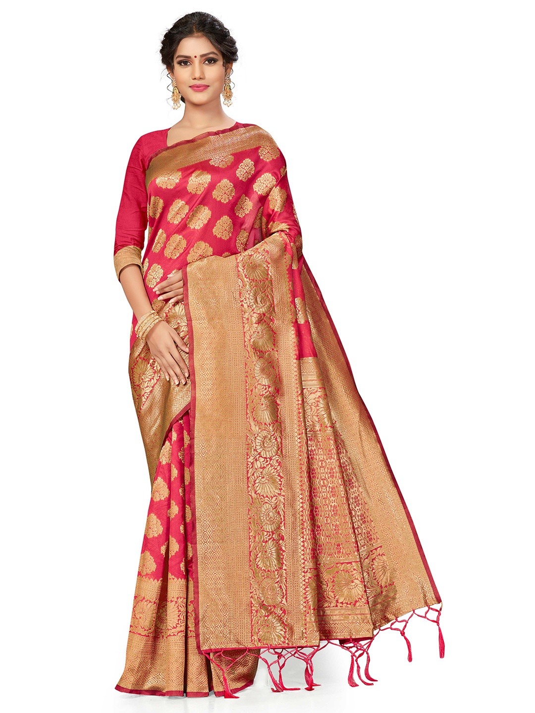 

MANVAA Woven Design Zari Silk Blend Banarasi Saree, Pink