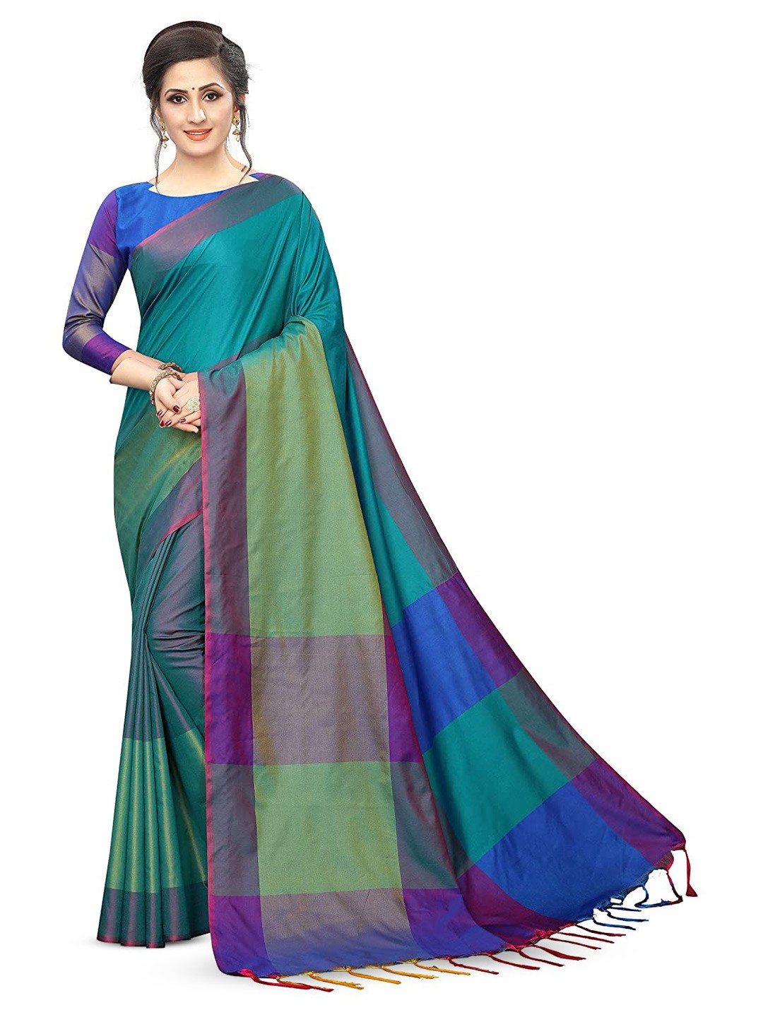 

MANVAA Checked Banarasi Saree, Green