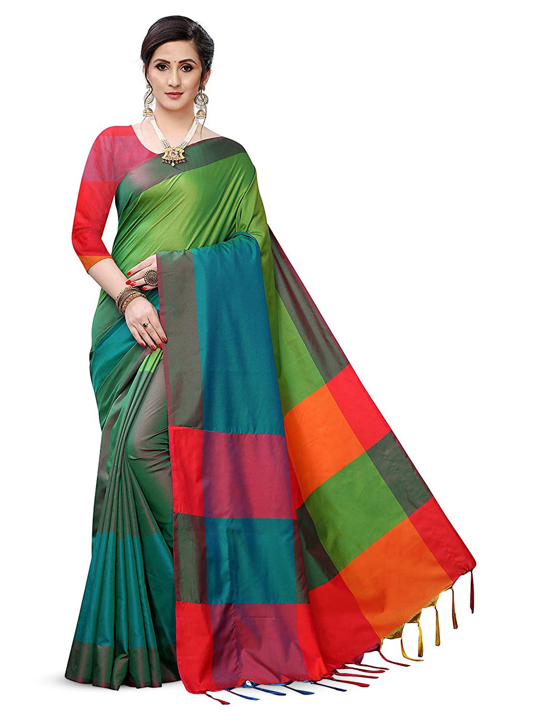 

MANVAA Striped Banarasi Saree with Tassels, Green