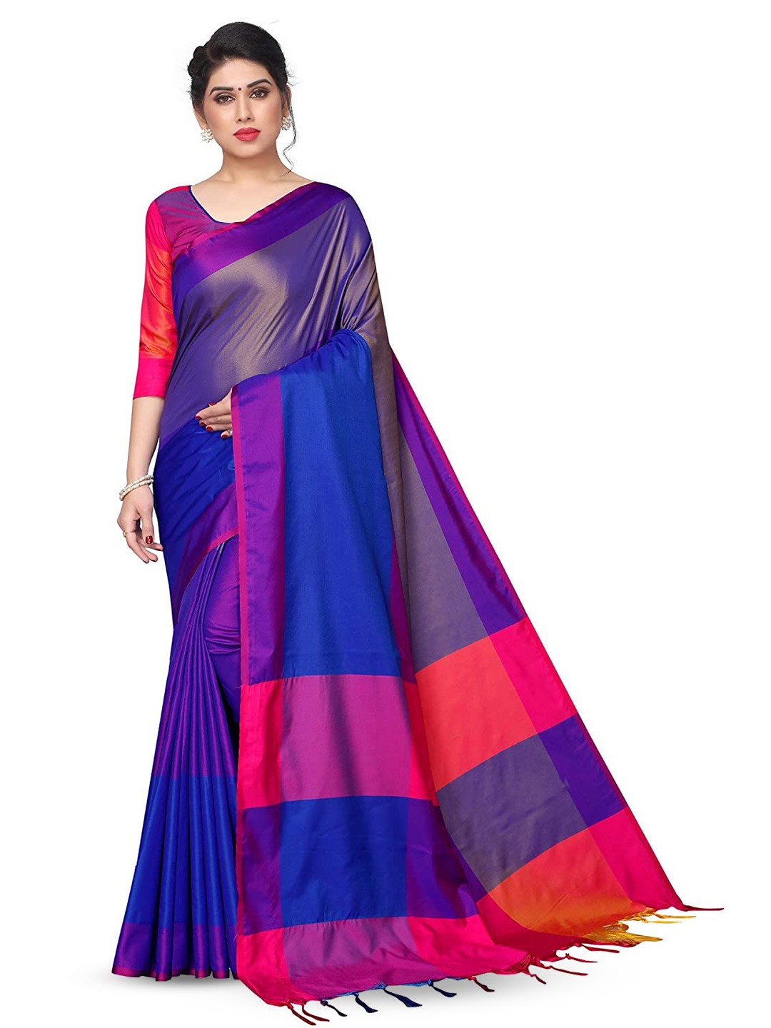 

MANVAA Colourblocked Cotton Silk Banarasi Saree, Blue
