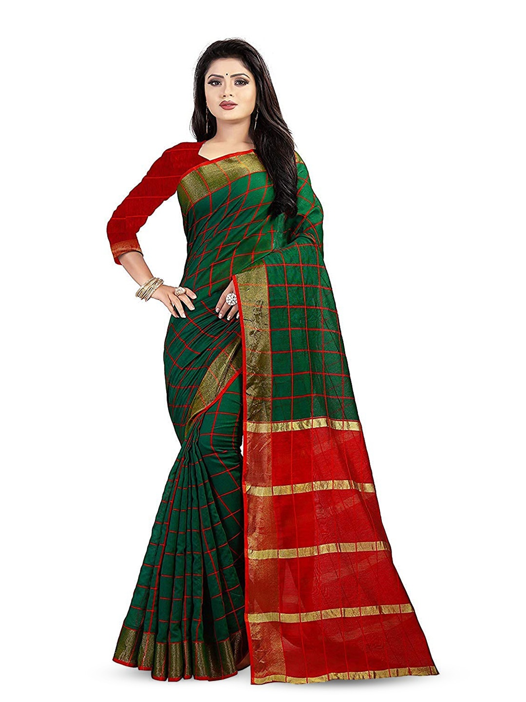 

MANVAA Checked Zari Banarasi Saree, Green
