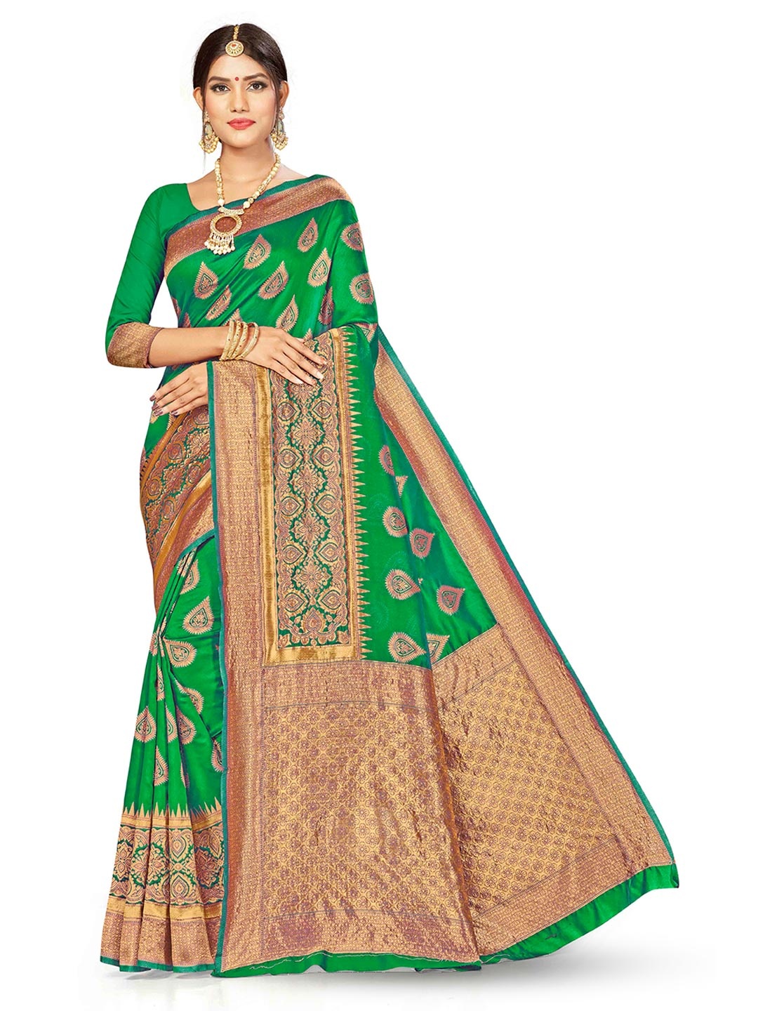 

MANVAA Woven Design Ethnic Motifs Zari Banarasi Saree, Green