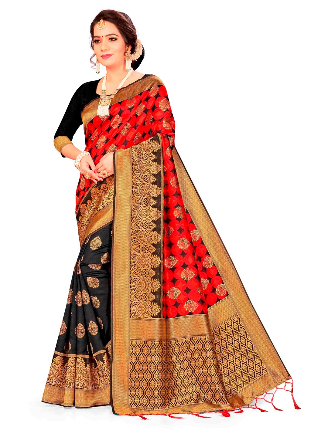 

MANVAA Ethnic Motifs Woven Design Zari Half and Half Banarasi Saree, Black