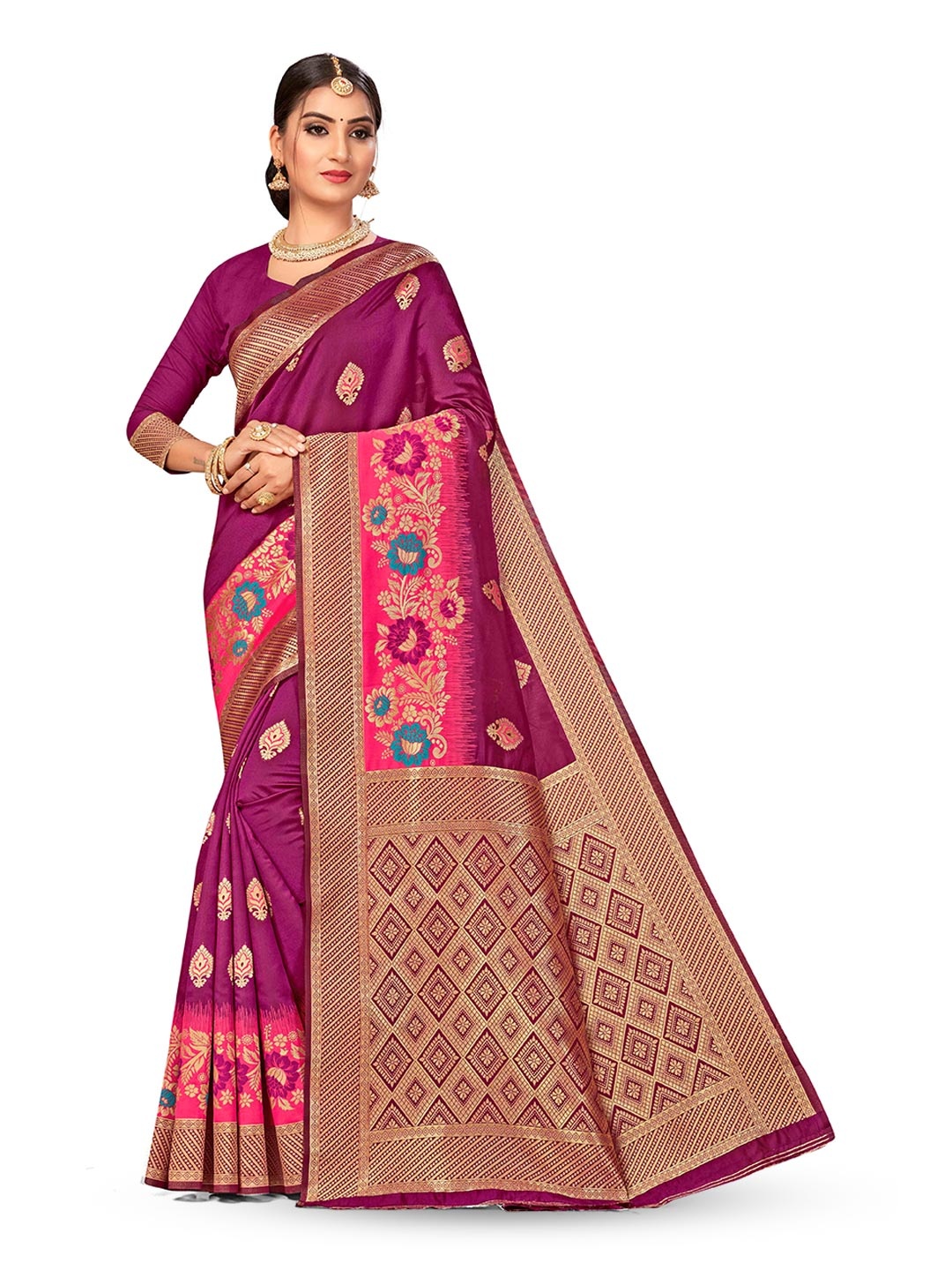 

MANVAA Ethnic Motifs Woven Design Zari Banarasi Saree, Purple