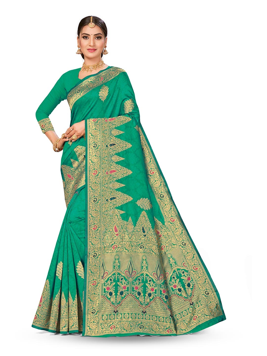 

MANVAA Woven Design Zari Silk Banarasi Saree, Green