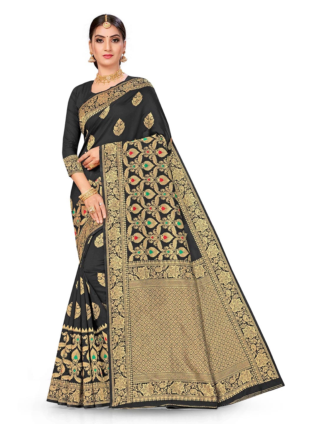 

MANVAA Ethnic Motifs Woven Design Zari Banarasi Saree, Black