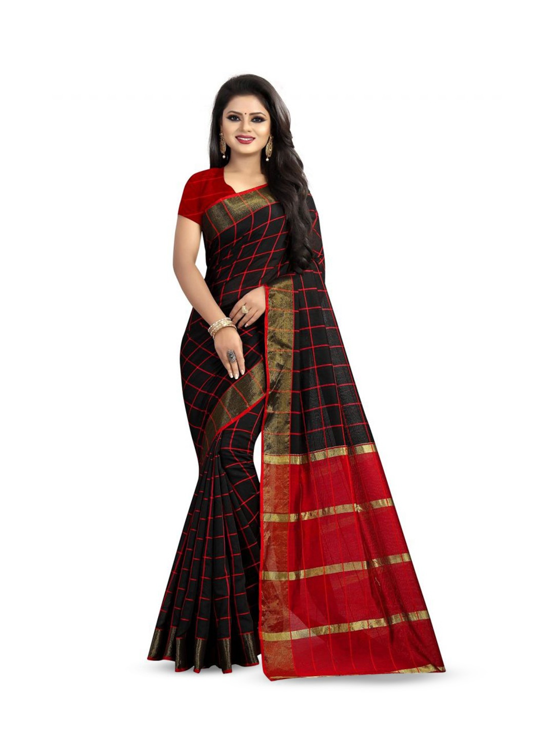 

MANVAA Woven Design Checked Zari Banarasi Saree, Black