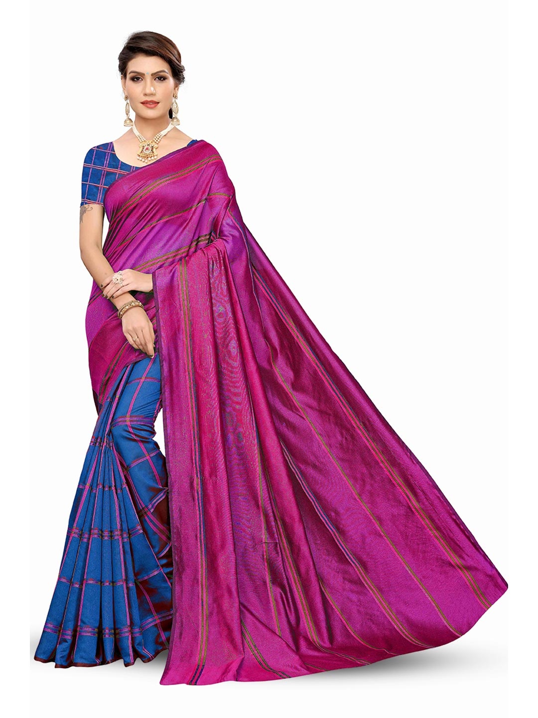 

MANVAA Woven Design Half and Half Banarasi Saree, Purple