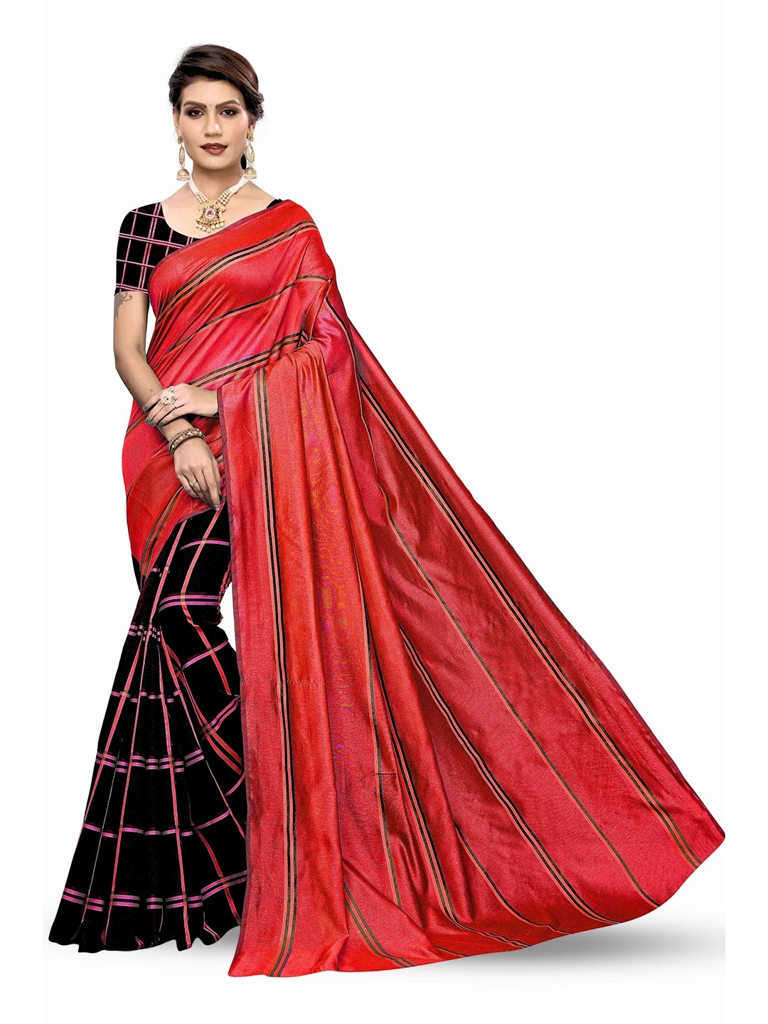 

MANVAA Striped Half and Half Banarasi Saree, Black