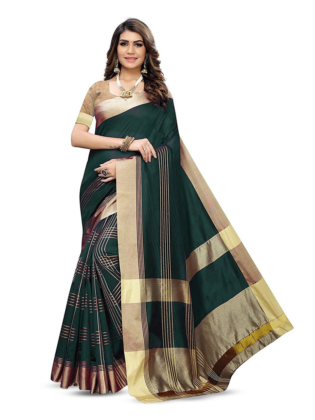 

MANVAA Striped Zari Banarasi Saree, Green