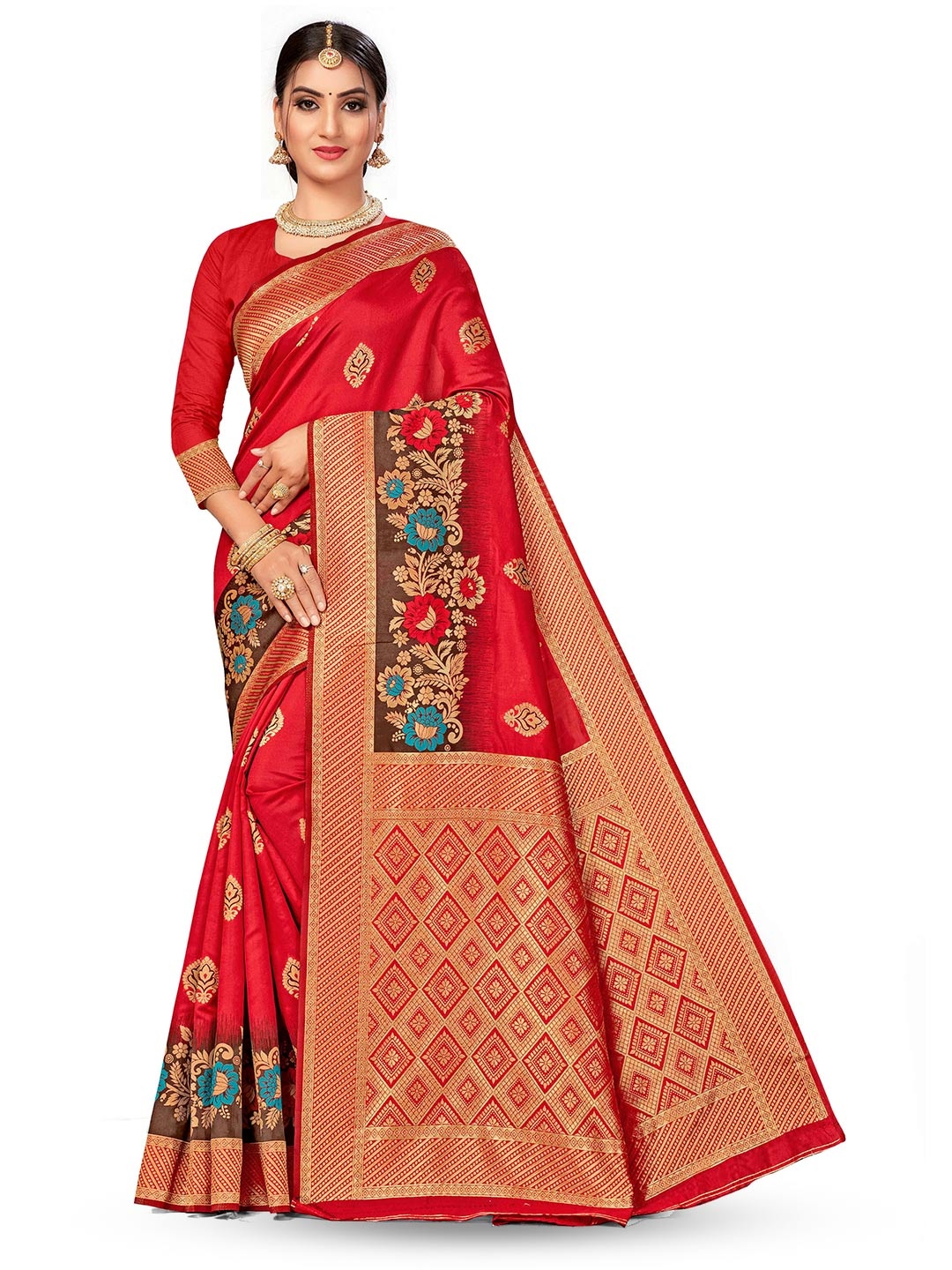 

MANVAA Ethnic Motifs Woven Design Zari Banarasi Saree, Red
