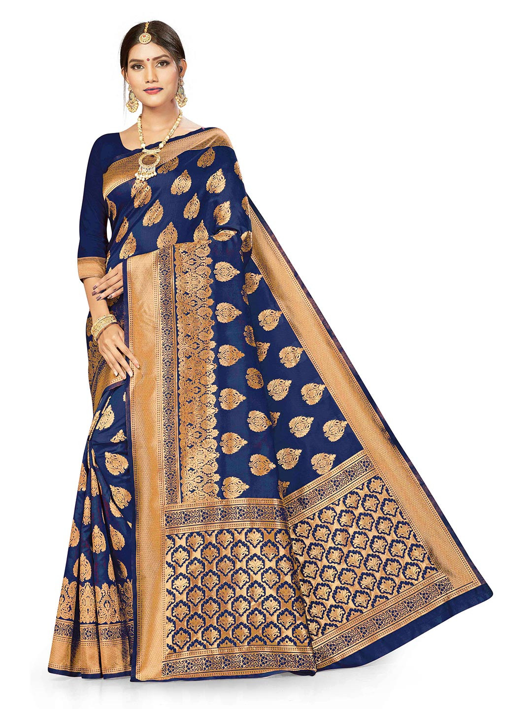 

MANVAA Ethnic Print Zari Banarasi Saree, Blue