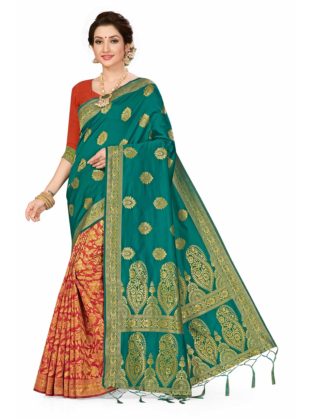 

MANVAA Woven Design Zari Half and Half Banarasi Saree with Tassels, Green