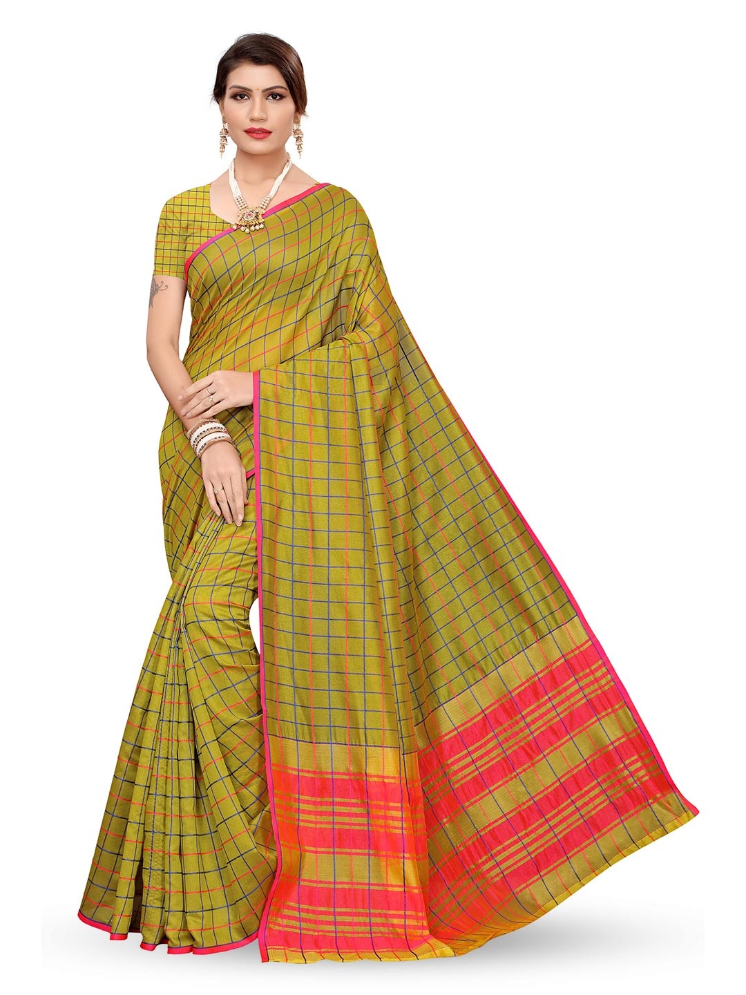 

MANVAA Checked Zari Cotton Silk Banarasi Saree, Green