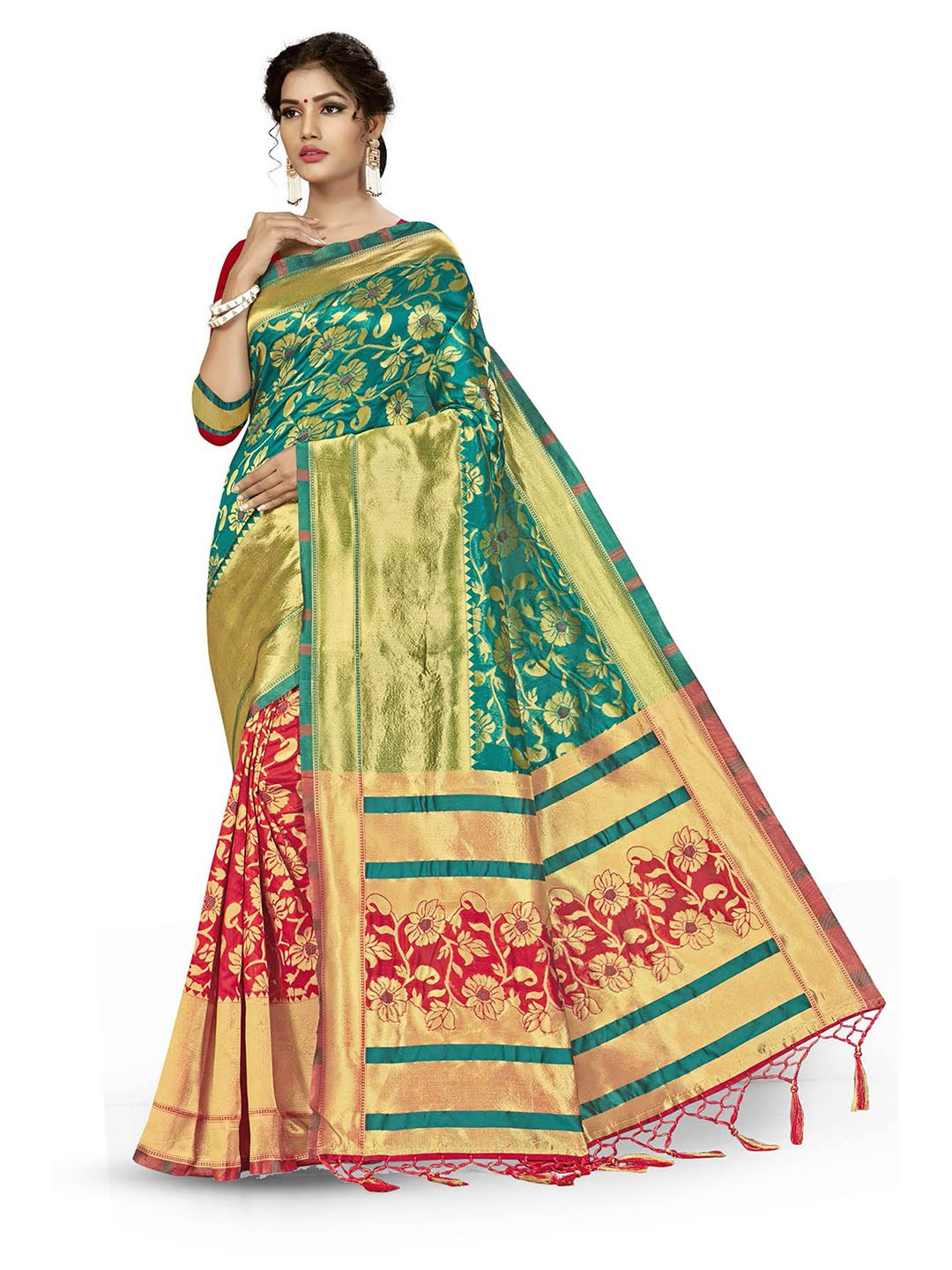 

MANVAA Woven Design Floral Zari Silk Banarasi Saree, Red