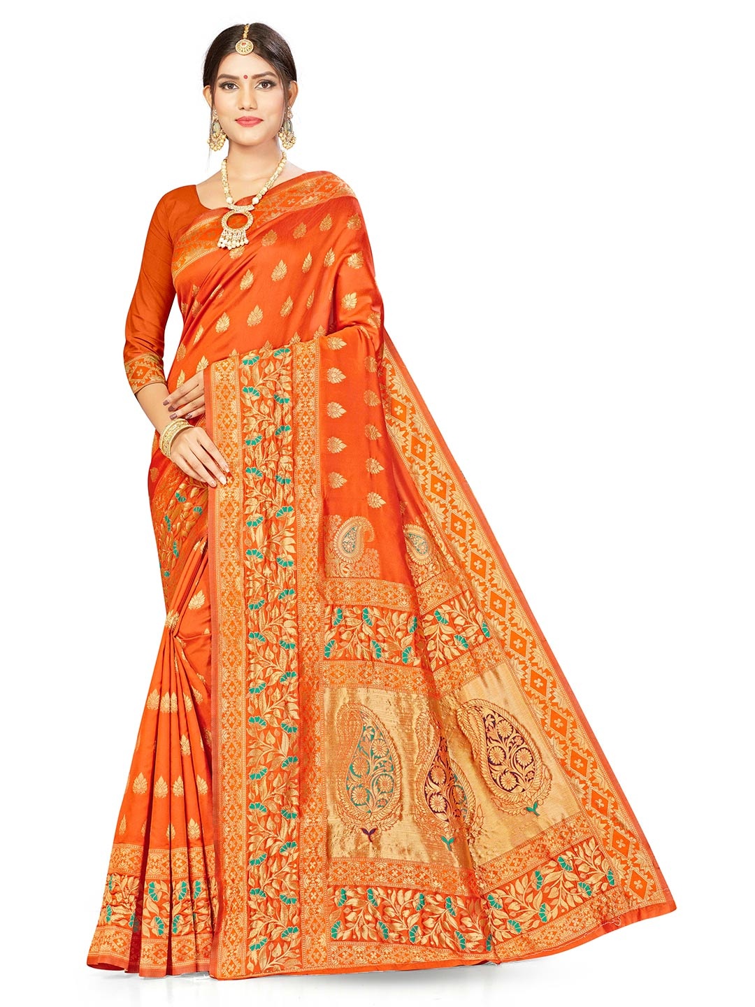 

MANVAA Woven Design Ethnic Motifs Zari Banarasi Saree, Orange