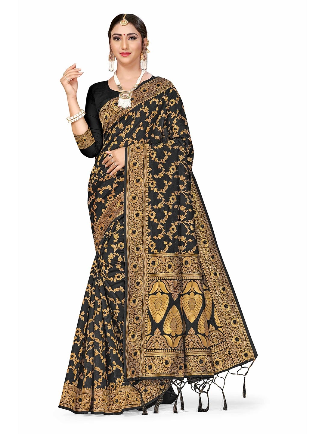 

MANVAA Woven Design Ethnic Motifs Zari Banarasi Saree With Tassels, Black