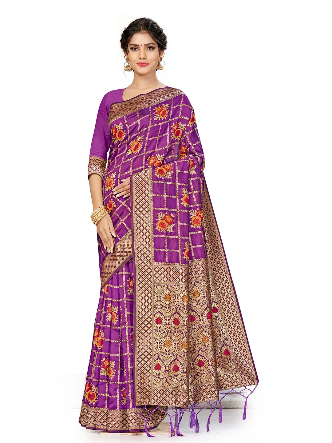 

MANVAA Woven Design Zari Silk Blend Banarasi Saree, Purple