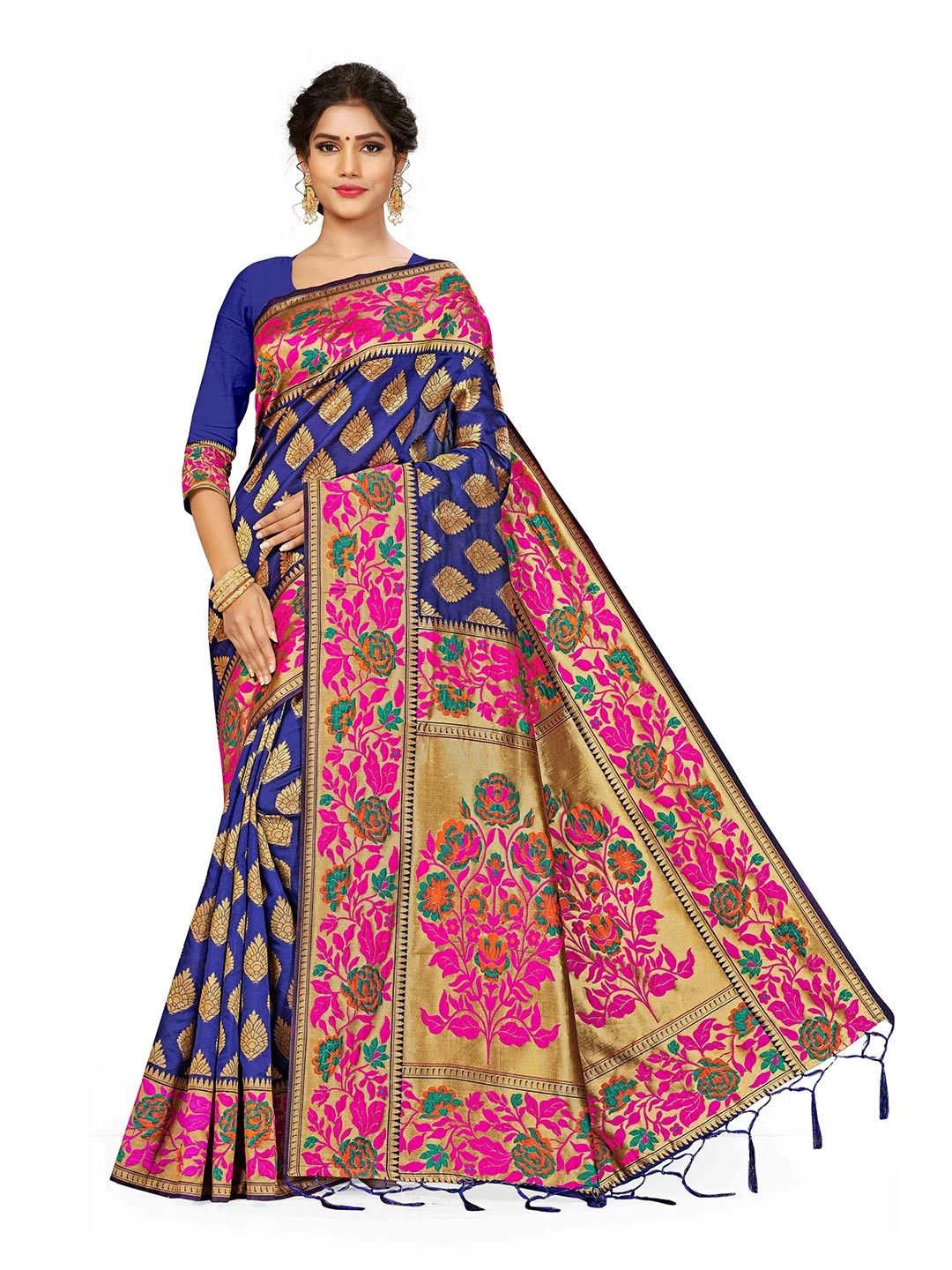 

MANVAA Woven Design Zari Silk Blend Banarasi Saree, Navy blue