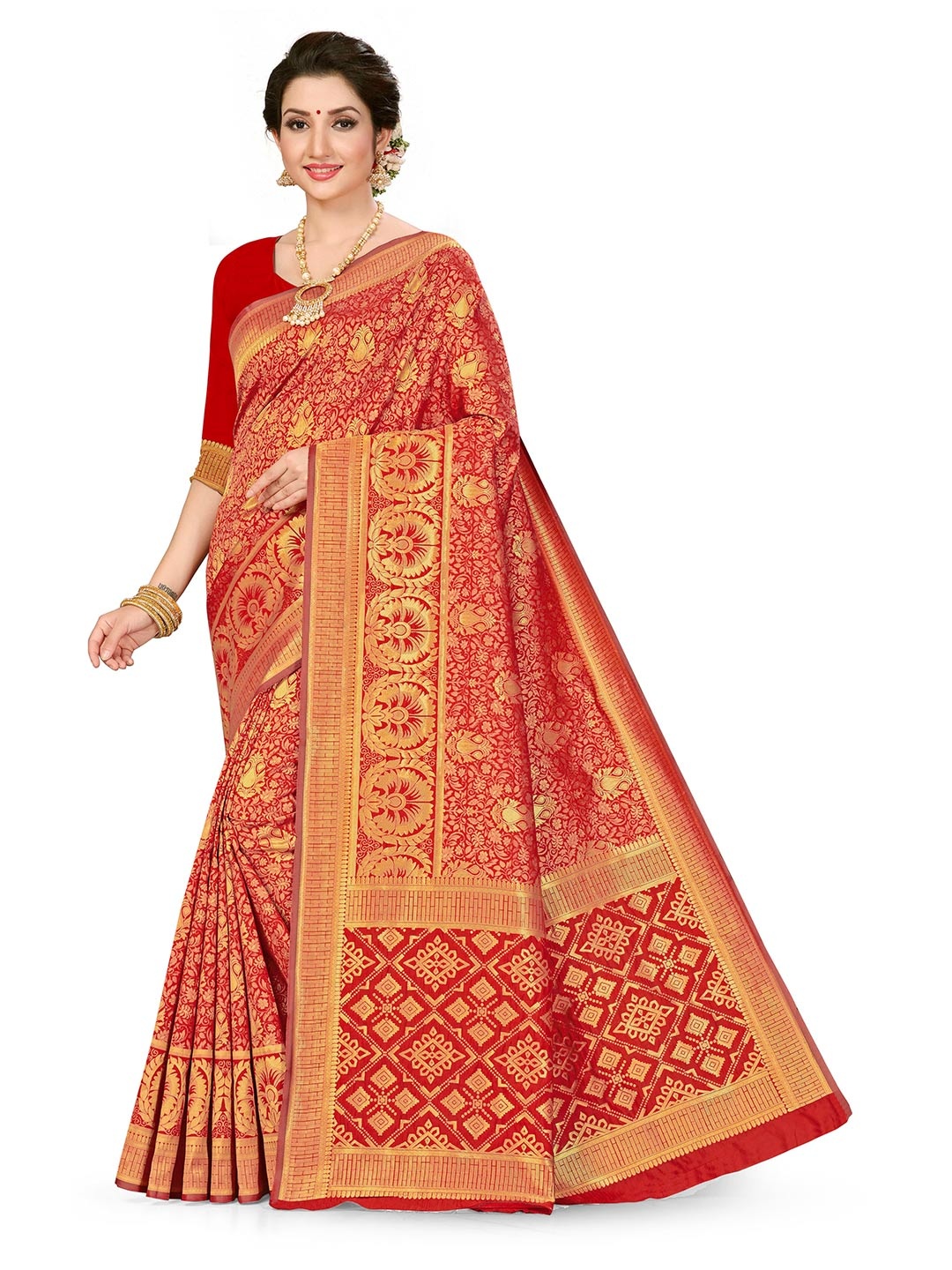 

MANVAA Floral Woven Design Zari Banarasi Saree, Red