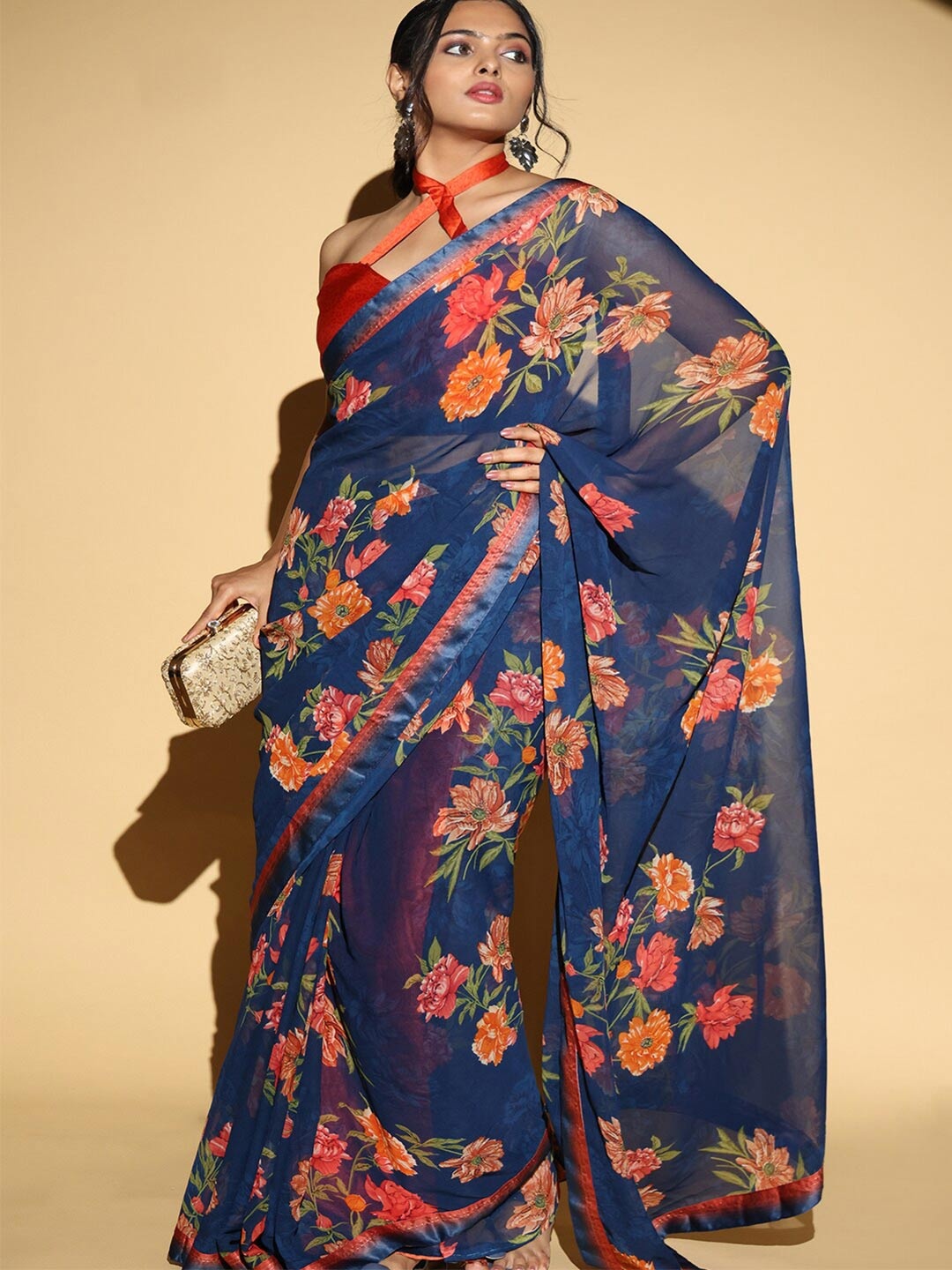 

PATLIPALLU Floral Printed Saree, Navy blue