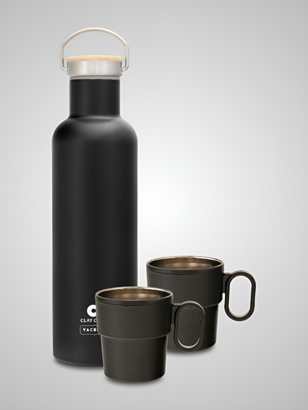 

CLAY CRAFT Black 3 Pieces Stainless Steel Double Wall Vacuum Water Bottle & Mugs 700ml