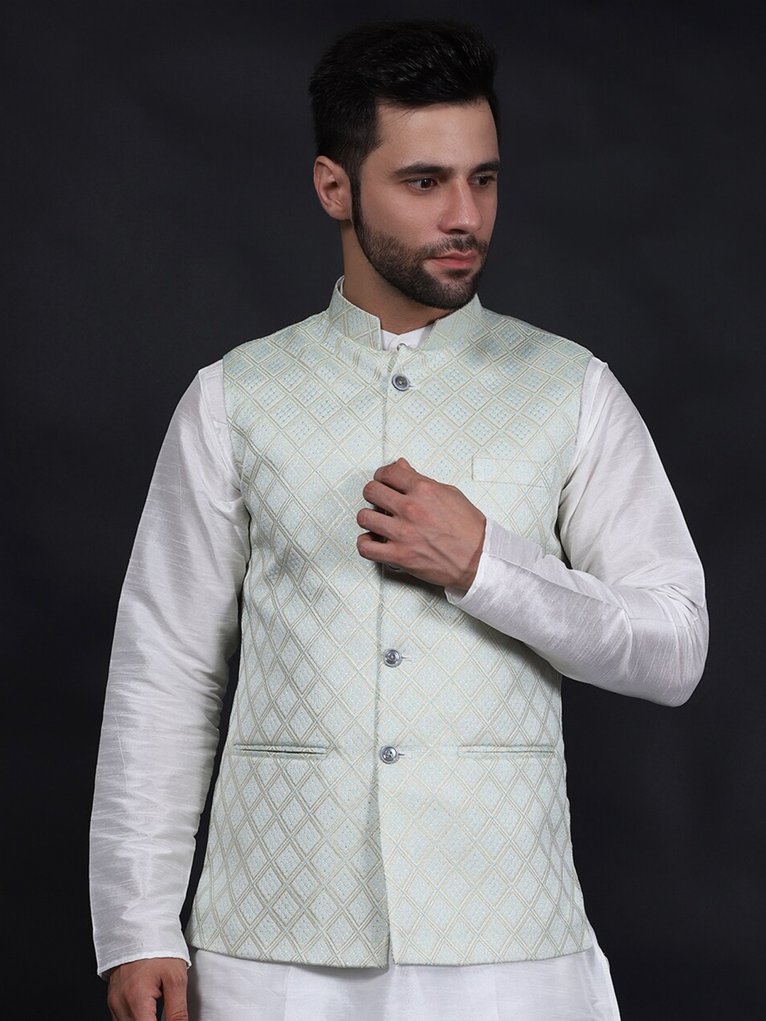 

Wintage Woven Design Mandarin Collar Woven Nehru Jacket, Silver