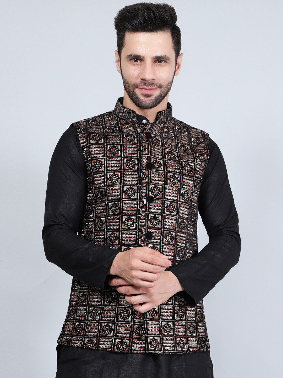 

Wintage Woven Design Mandarin Collar Embroidered Nehru Jackets, Brown