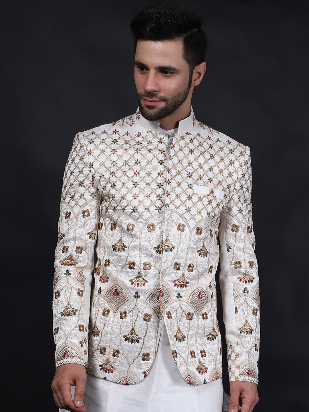 

Wintage Self-Design Cotton Silk Bandhgala Blazers, Cream