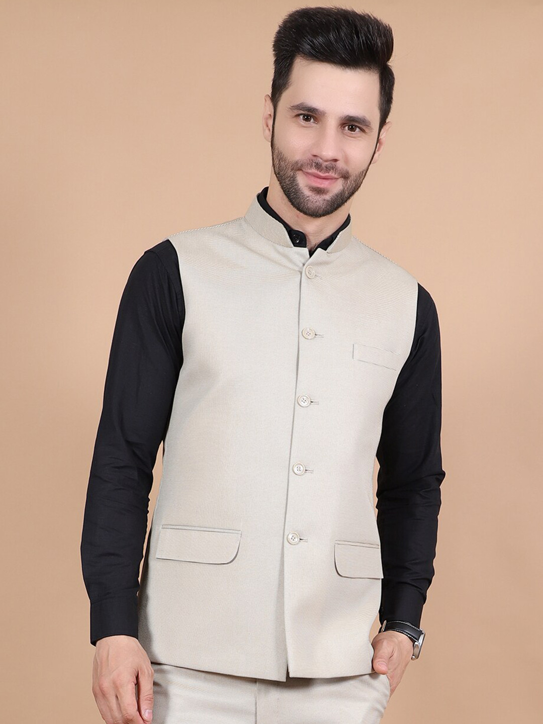 

Wintage Mandarin Collar Woven Nehru Jacket, Beige