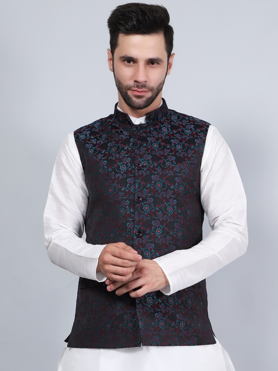 

Wintage Printed Woven Nehru Jacket, Black