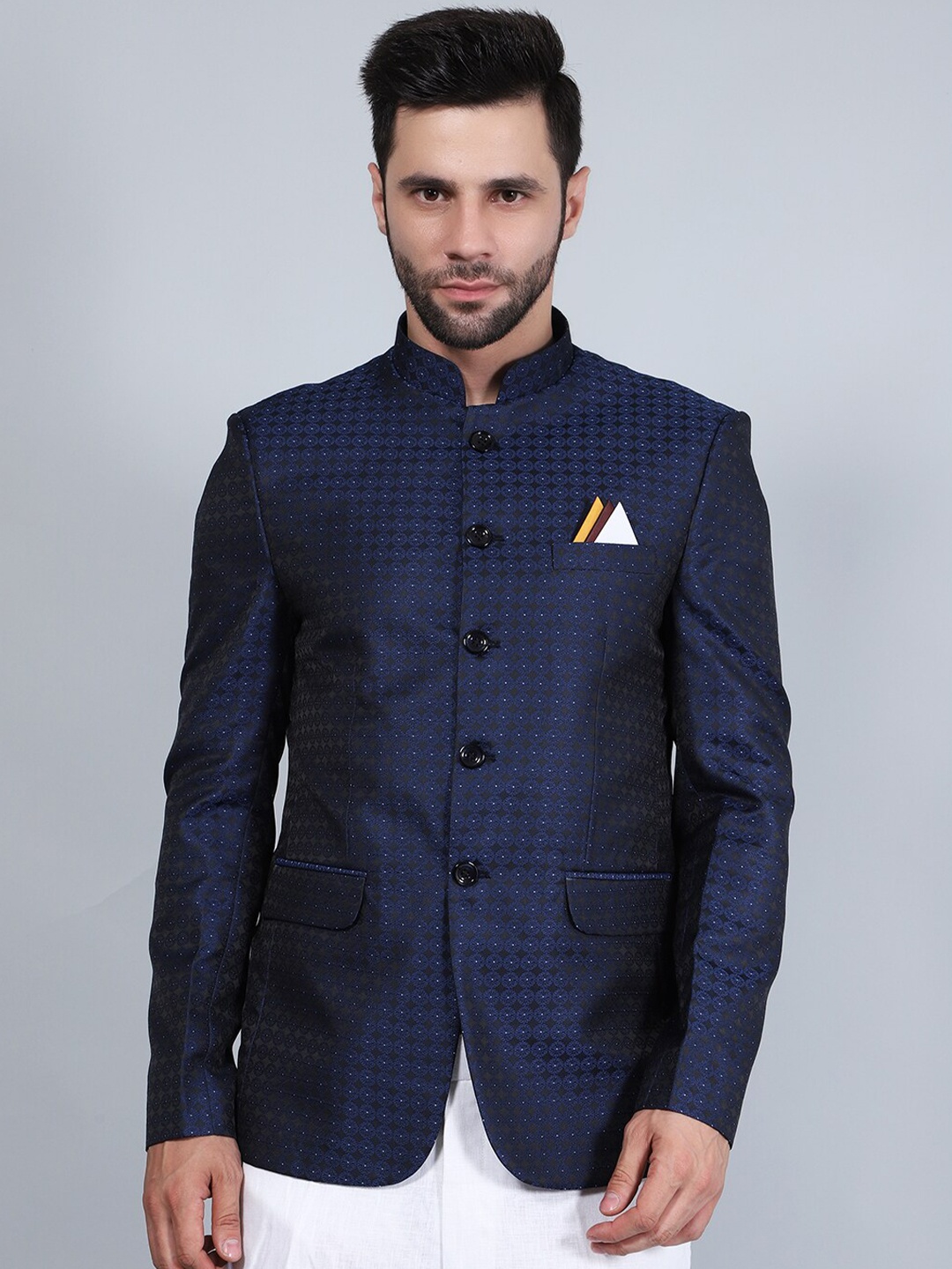 

Wintage Geometric Printed Mandarin Collar Satin Bandhgala Blazers, Blue