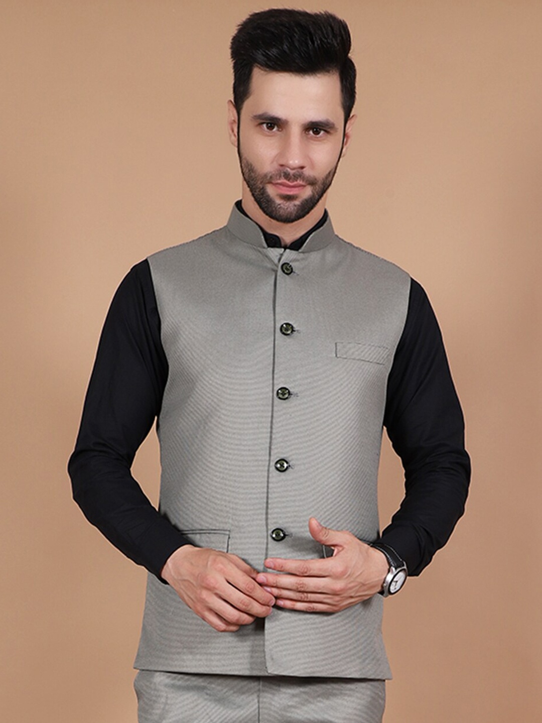 

Wintage Woven Nehru Jacket, Grey