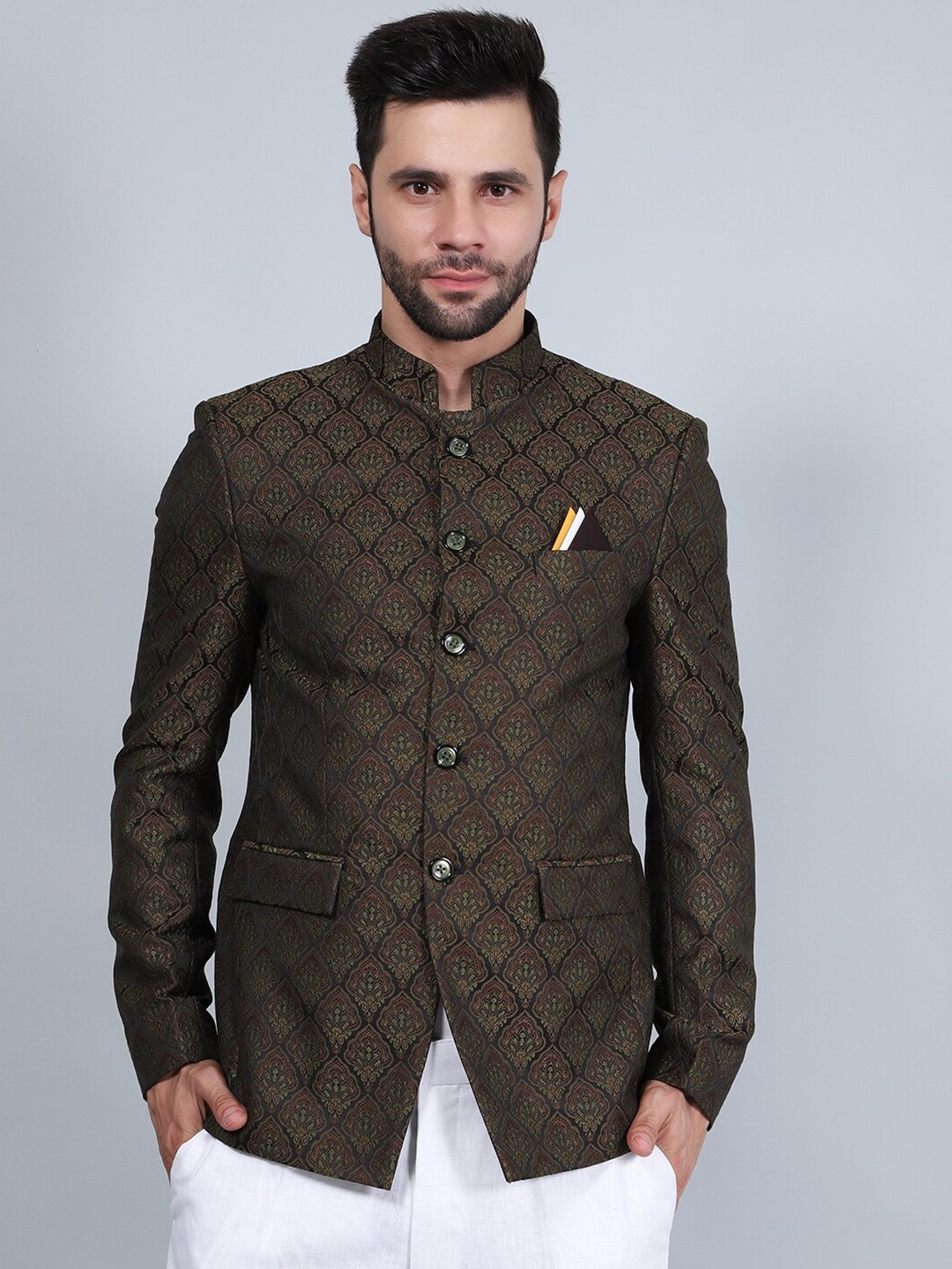 

Wintage Self Design Mandarin Collar Banarasi Satin Bandhgala Blazer, Brown