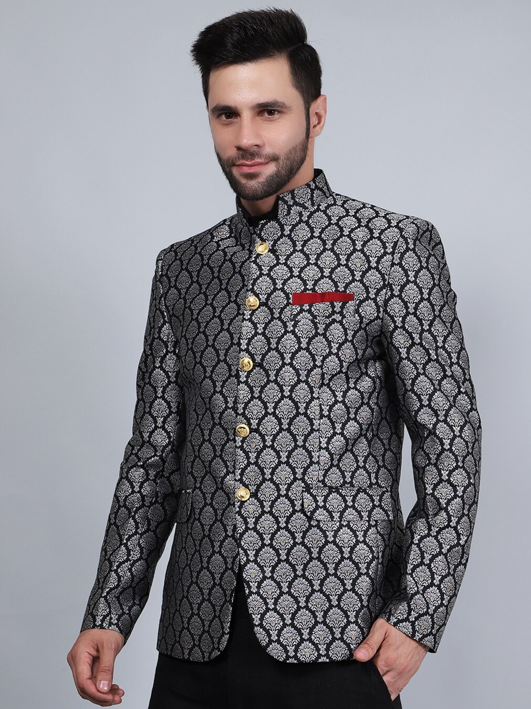 

Wintage Geometric Printed Mandarin Collar Satin Bandhgala Blazers, Black