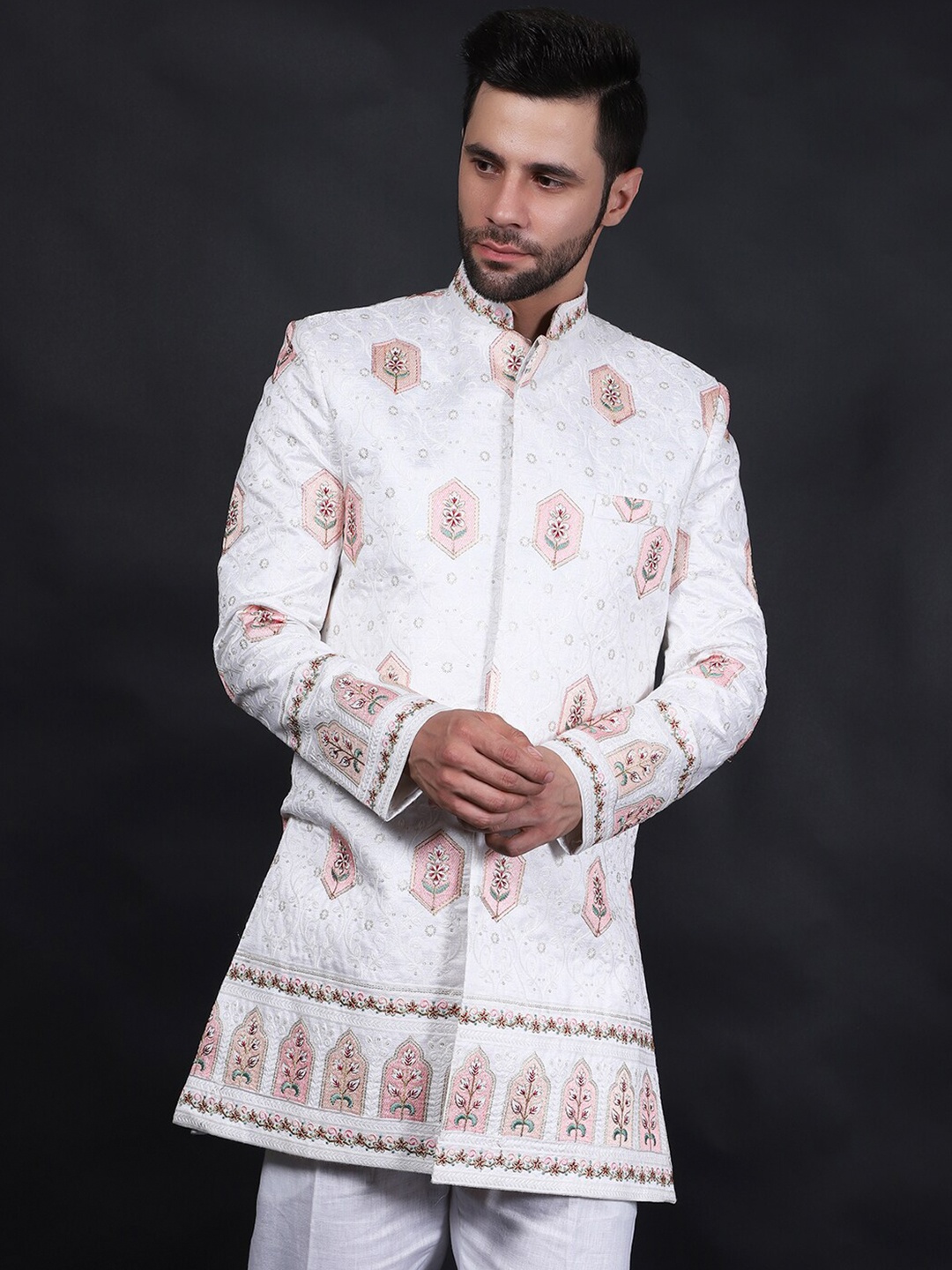 

Wintage Self-Design Mandarin Collar Satin Bandhgala Blazers, White