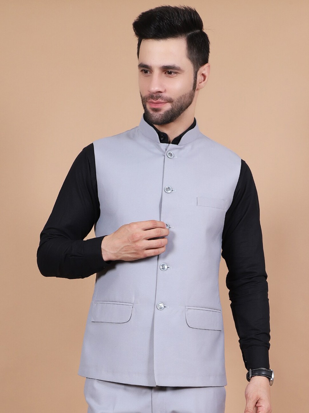 

Wintage Woven Nehru Jacket, Grey