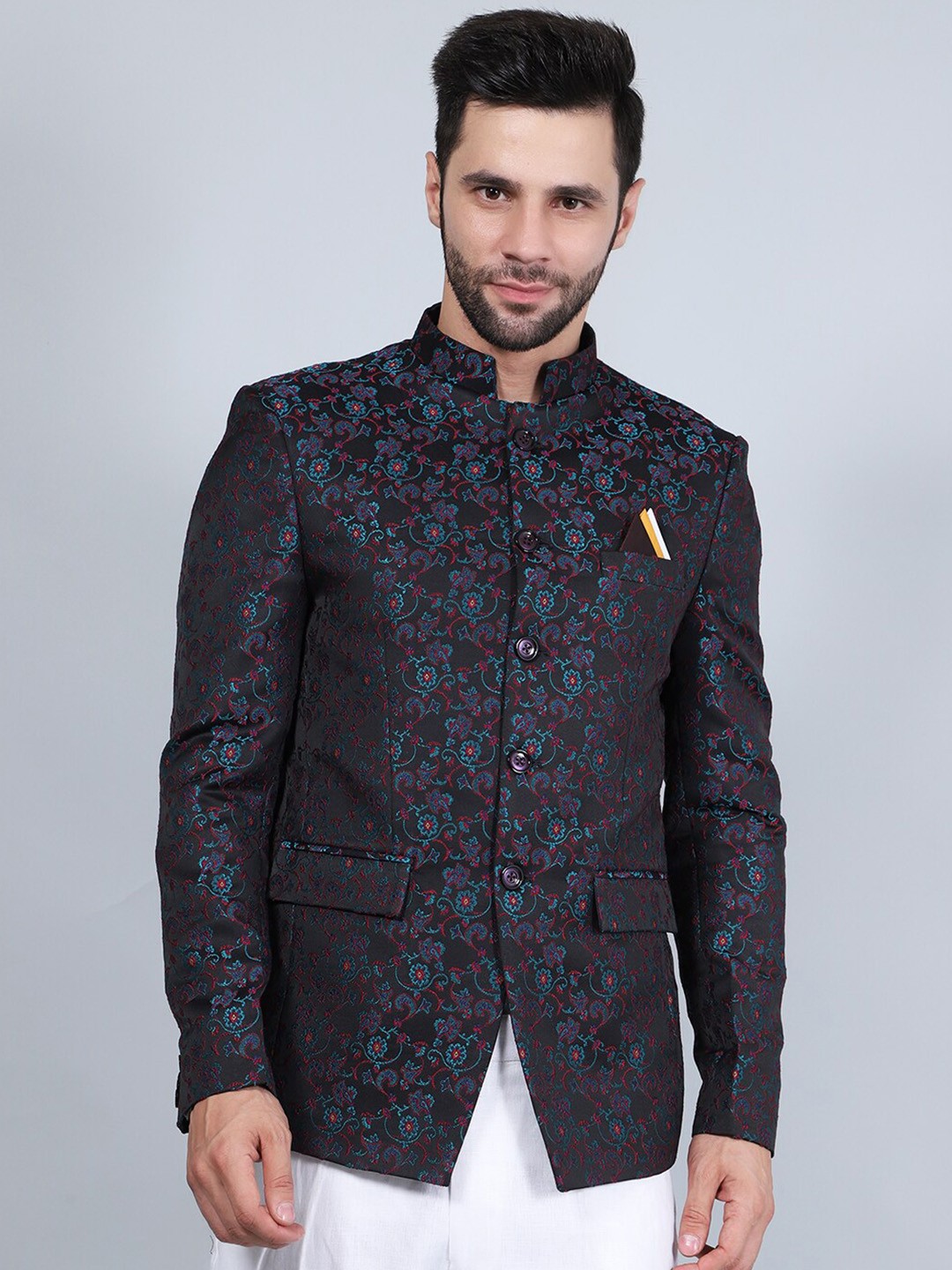 

Wintage Floral Printed Mandarin Collar Satin Bandhgala Blazers, Black