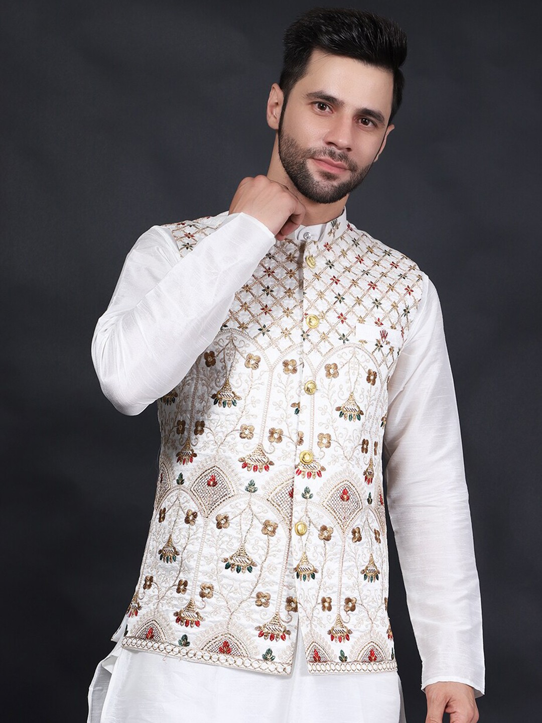 

Wintage Printed Mandarin Collar Cotton Silk Nehru Jacket, Cream