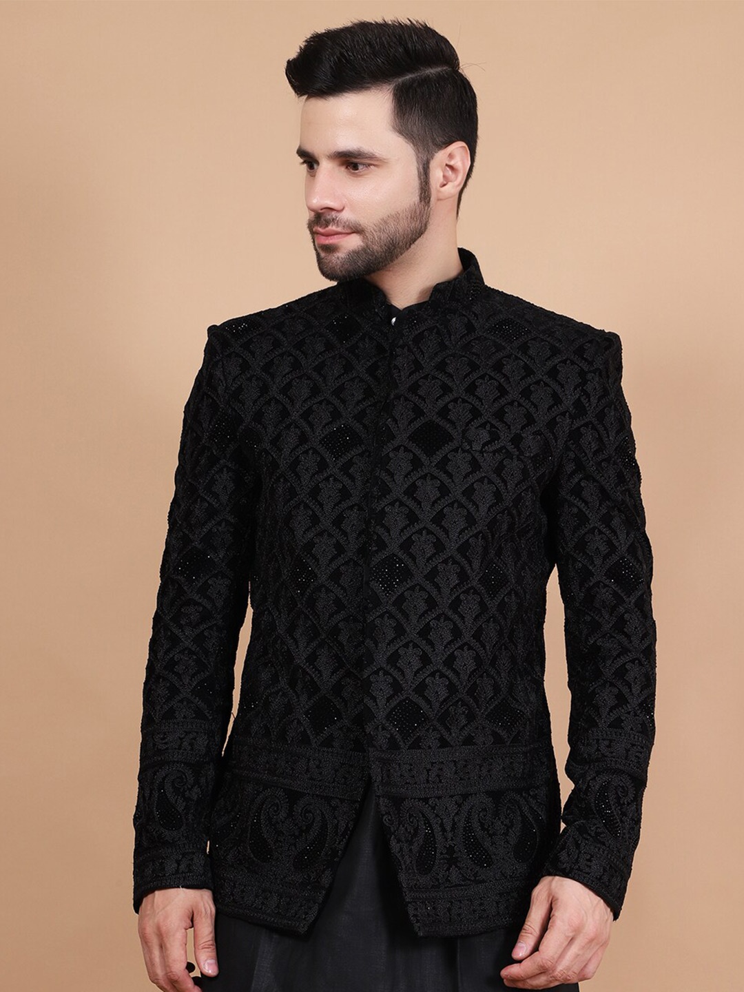 

Wintage Self-Design Mandarin Collar Bandhgala Blazers, Black
