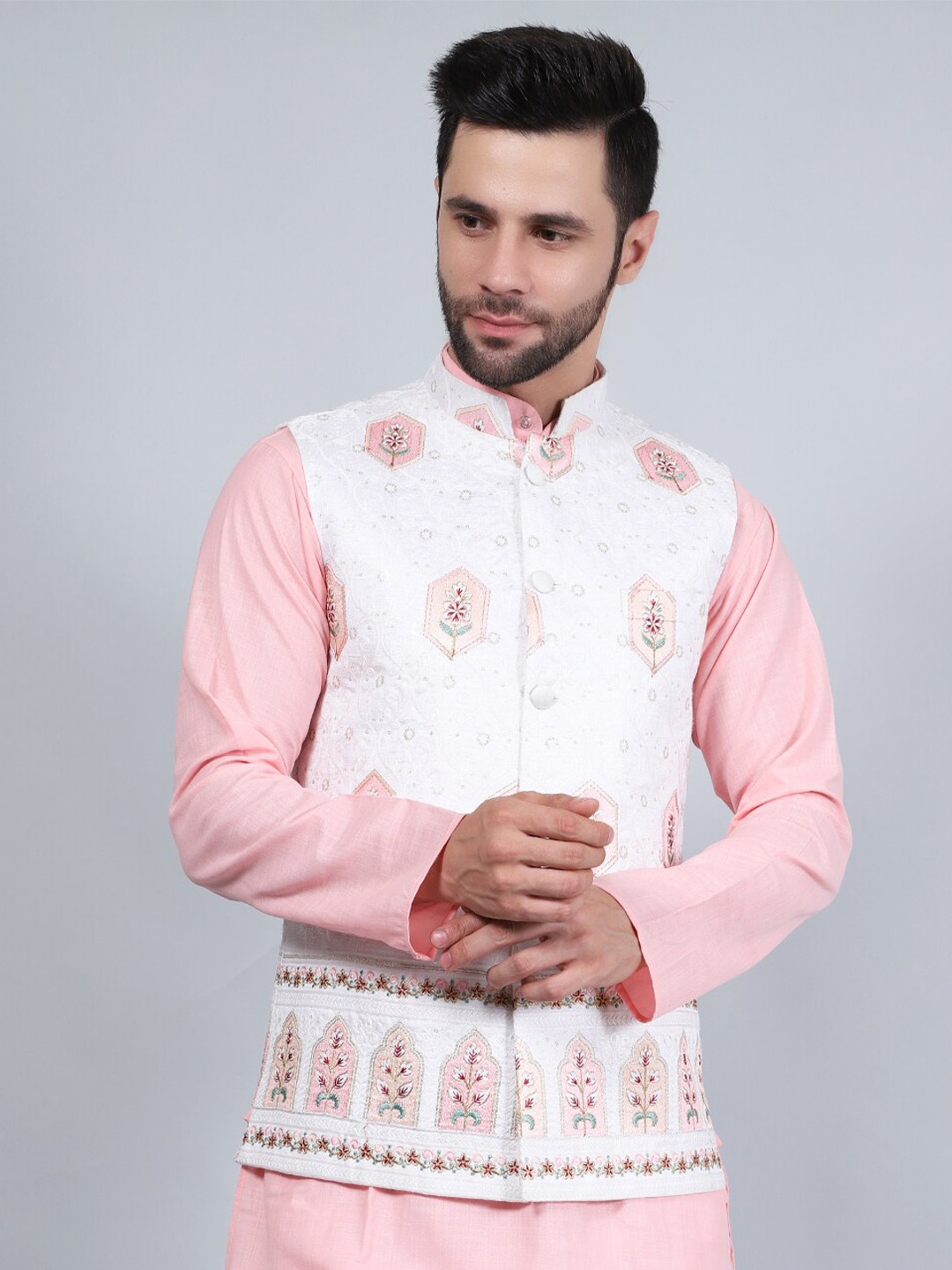 

Wintage Embroidered Cotton Silk Nehru Jackets, White