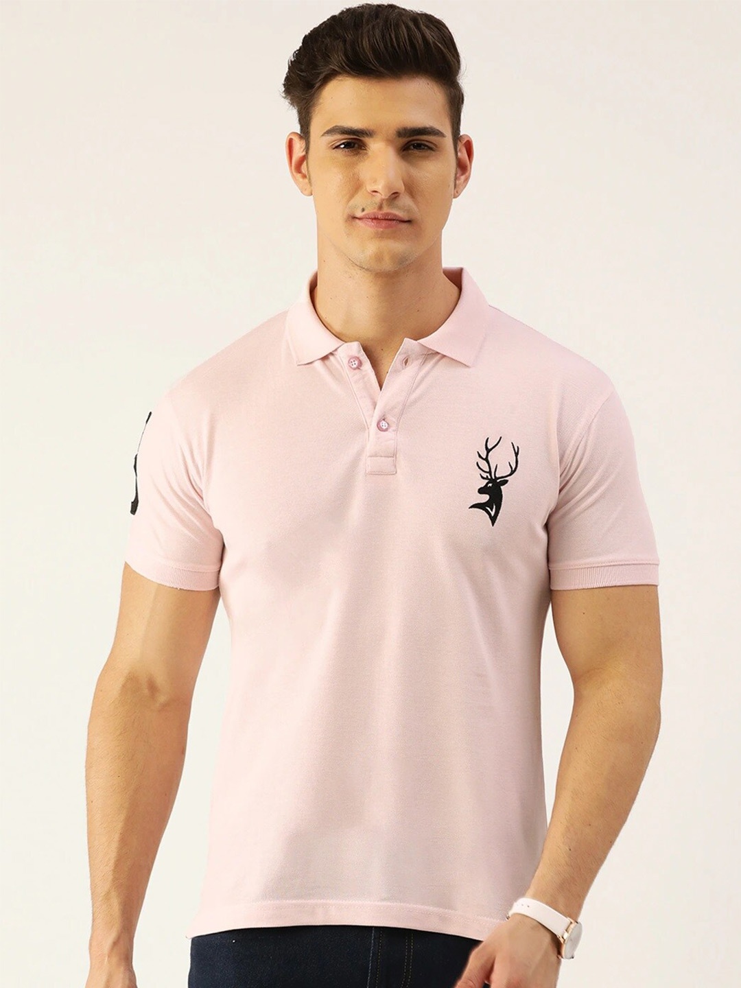

PORTBLAIR Mandarin Collar Regular Fit Cotton T-shirt, Pink