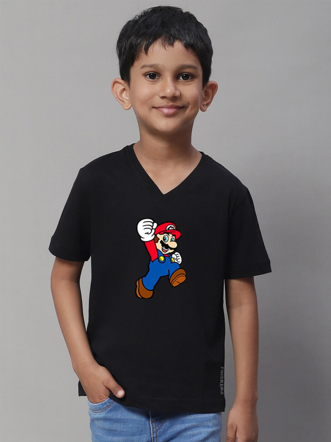 

Friskers Boys Printed V-Neck Short Sleeves T-shirt, Grey