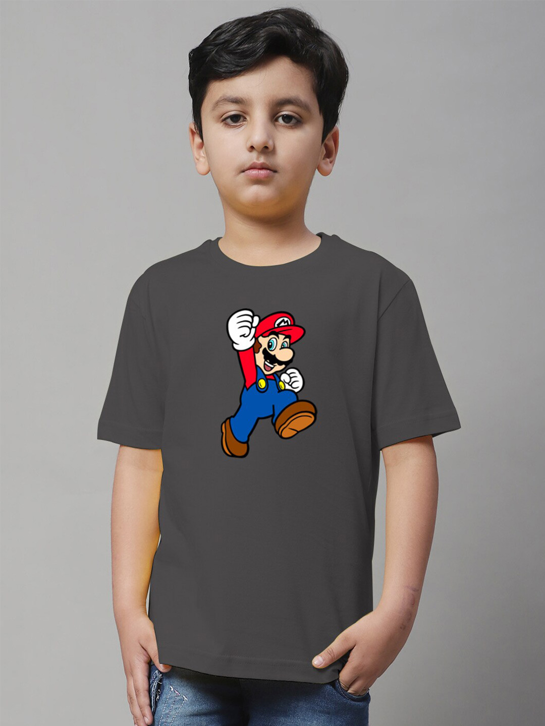 

Friskers Boys Super Mario Printed Round Neck Cotton Casual T-shirt, Grey