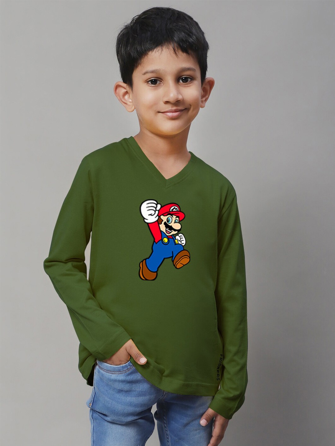 

Friskers Boys Super Mario Printed Round Neck Cotton Casual T-shirt, Green