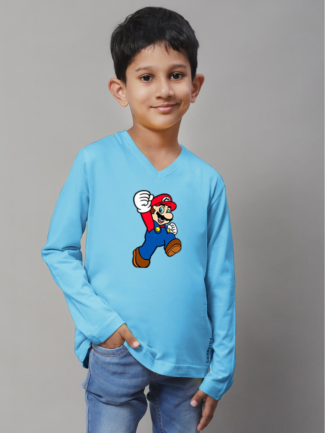 

Friskers Boys Graphic Printed V-Neck Cotton T-shirt, Navy blue