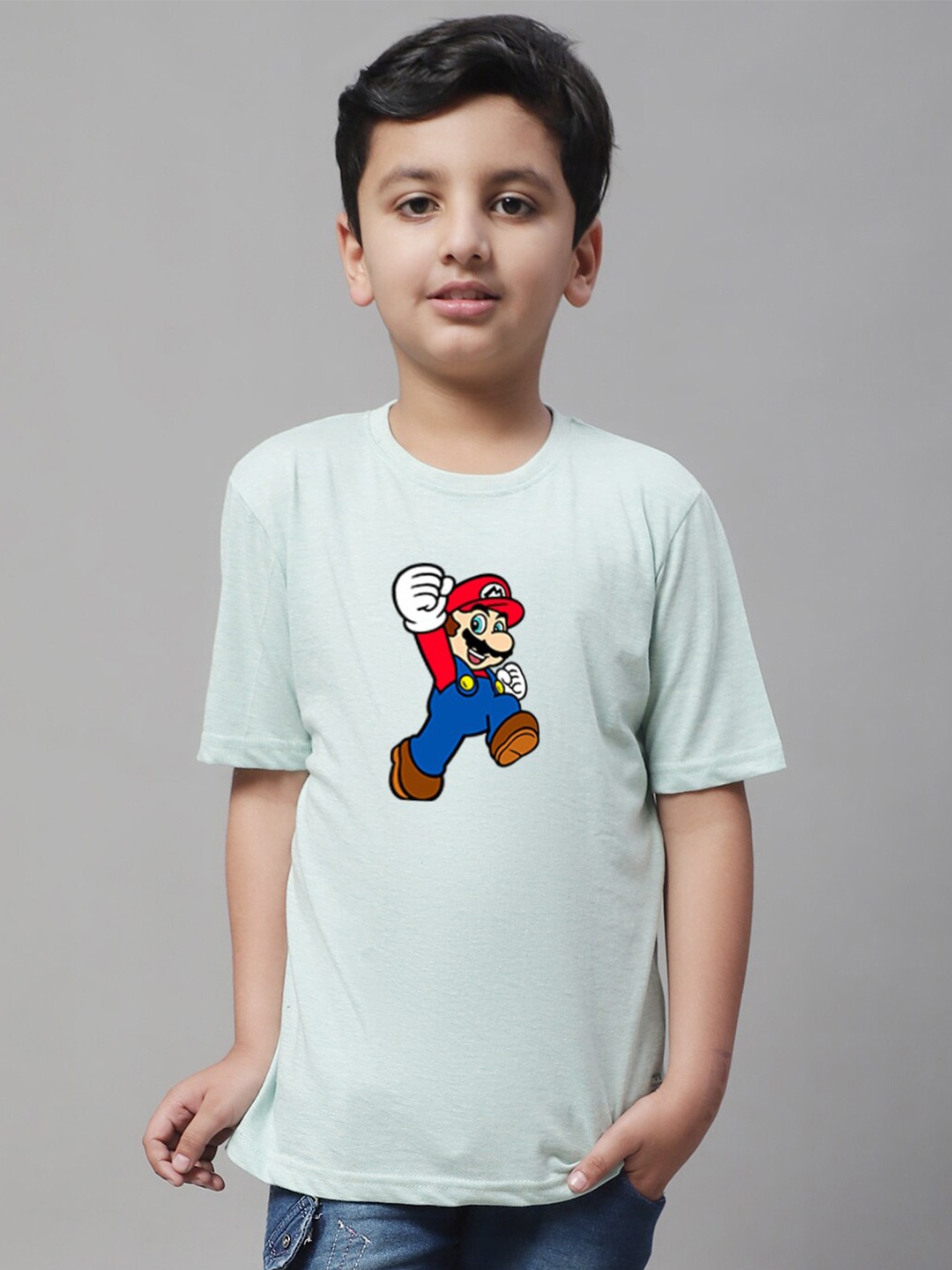 

Friskers Boys Super Mario Printed Round Neck Cotton Casual T-shirtt, Sea green